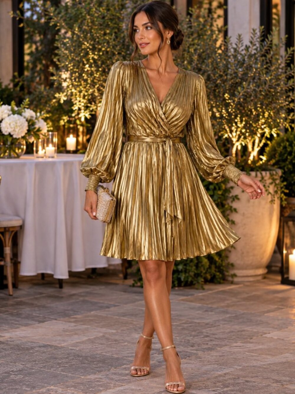 I.N.C Metallic Gold Pleated Dress – Size L, NWT
